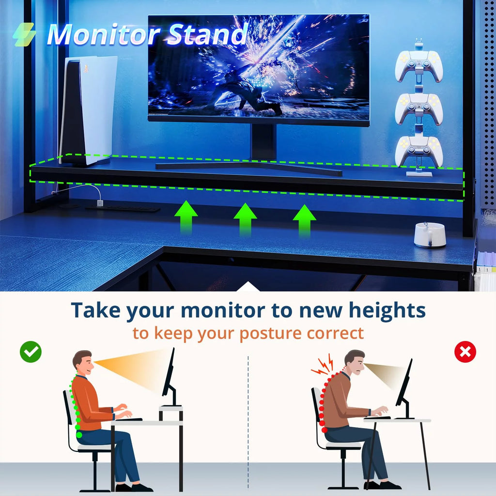 L Shaped Computer Desk with Power Outlet and LED Strip, Black Y5729