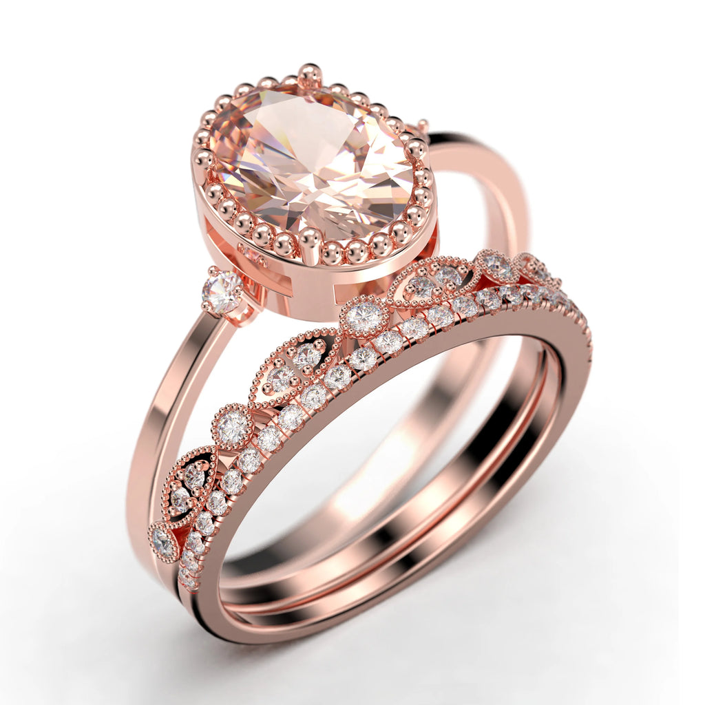 2.35 Carat Oval Cut Morganite And Diamond Moissanite Engagement Ring In 925 Sterling Silver With 18k Rose Gold Plating K965