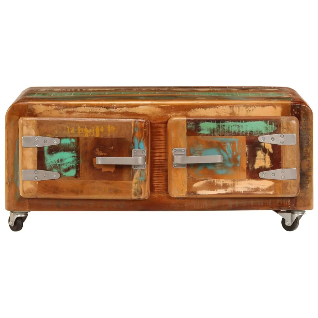 Rustic Coffee Table with Storage Cabinet and Wheels Reclaimed Wood S45260