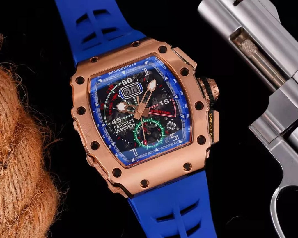 Blue Dial Rose Gold Bezel Rubber Strap Skeleton Watch X187