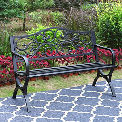 50 Inches Cast Iron Metal Patio Bench with Floral Pattern Backrest N6922