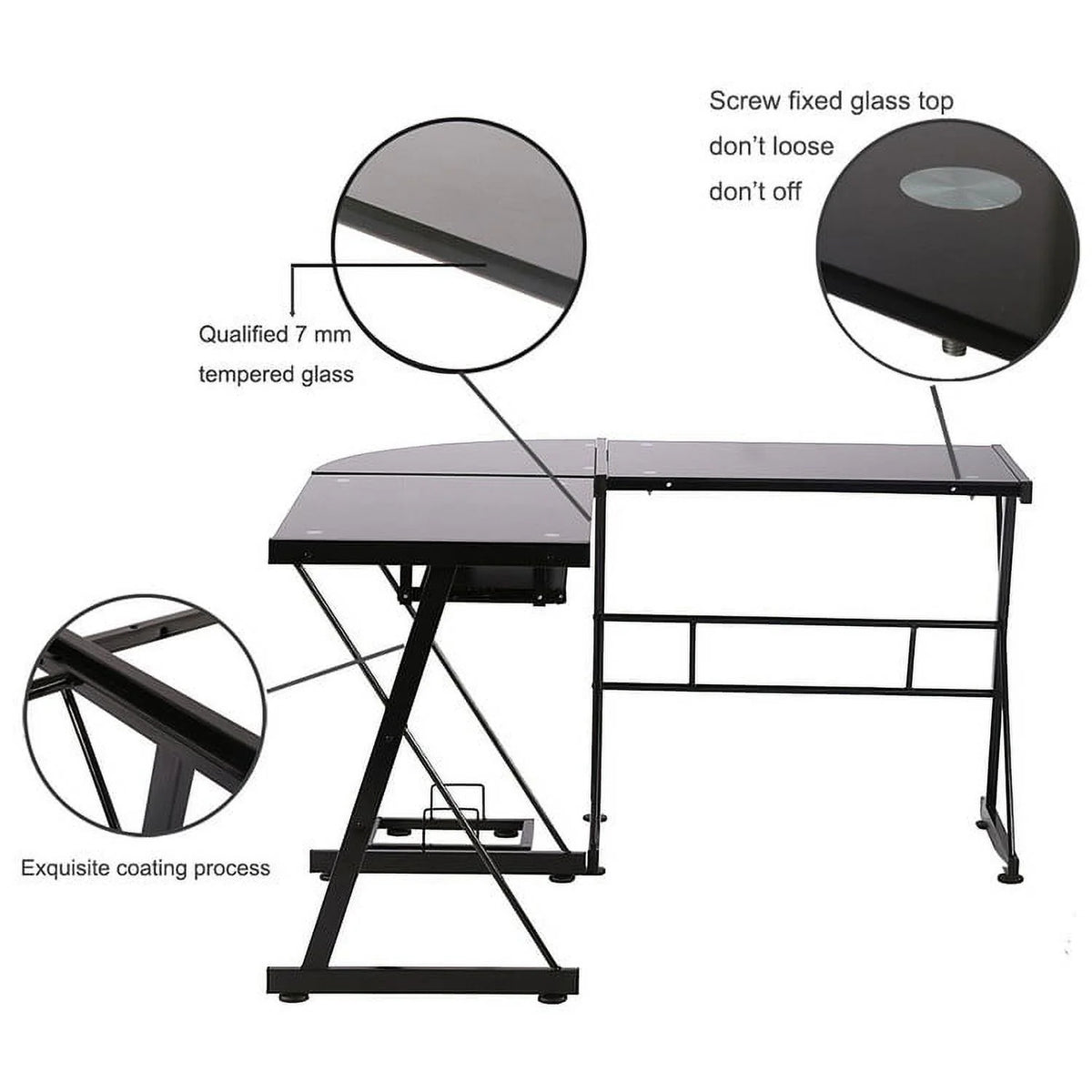 L-Shaped Tempered Glass Computer Desk with Shelf & Keyboard Tray C874
