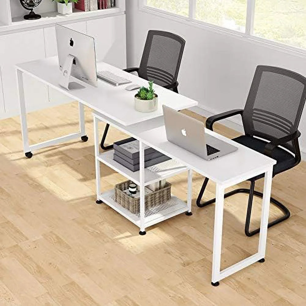 L-Shaped Desk 55 inch Reversible Corner Computer Desk with Shelves White A71229