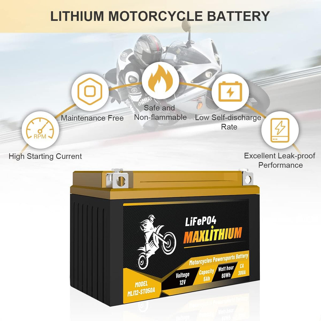 12V 5Ah 300A Lithium Powersports Battery with Battery State-of-charge Indicator W9294