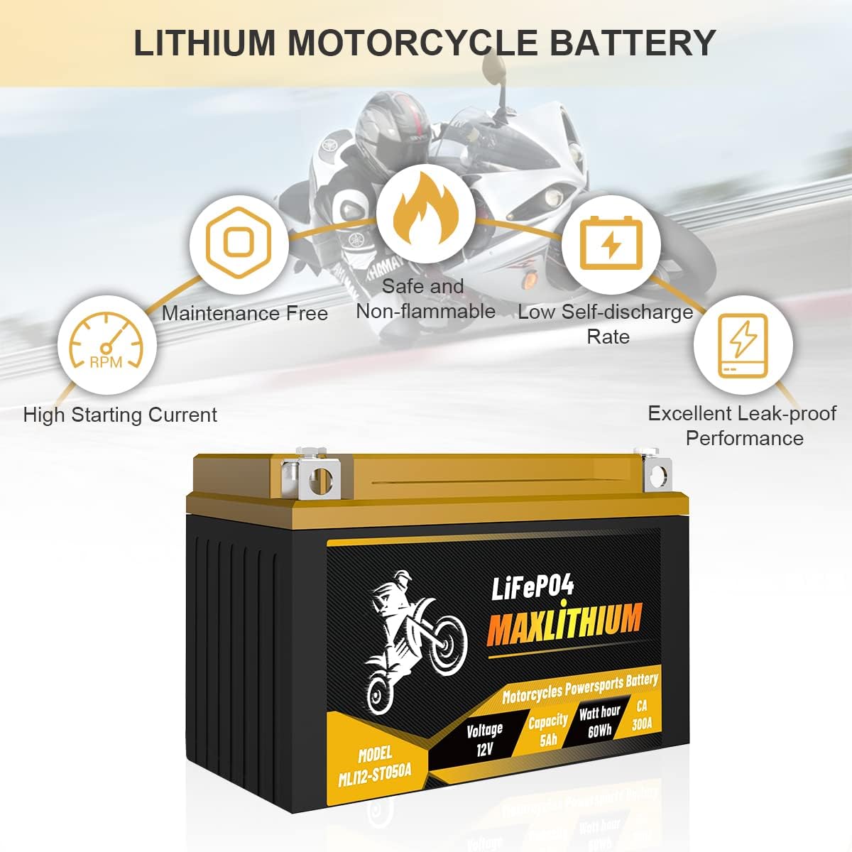 12V 5Ah 300A Lithium Powersports Battery with Battery State-of-charge Indicator W9294