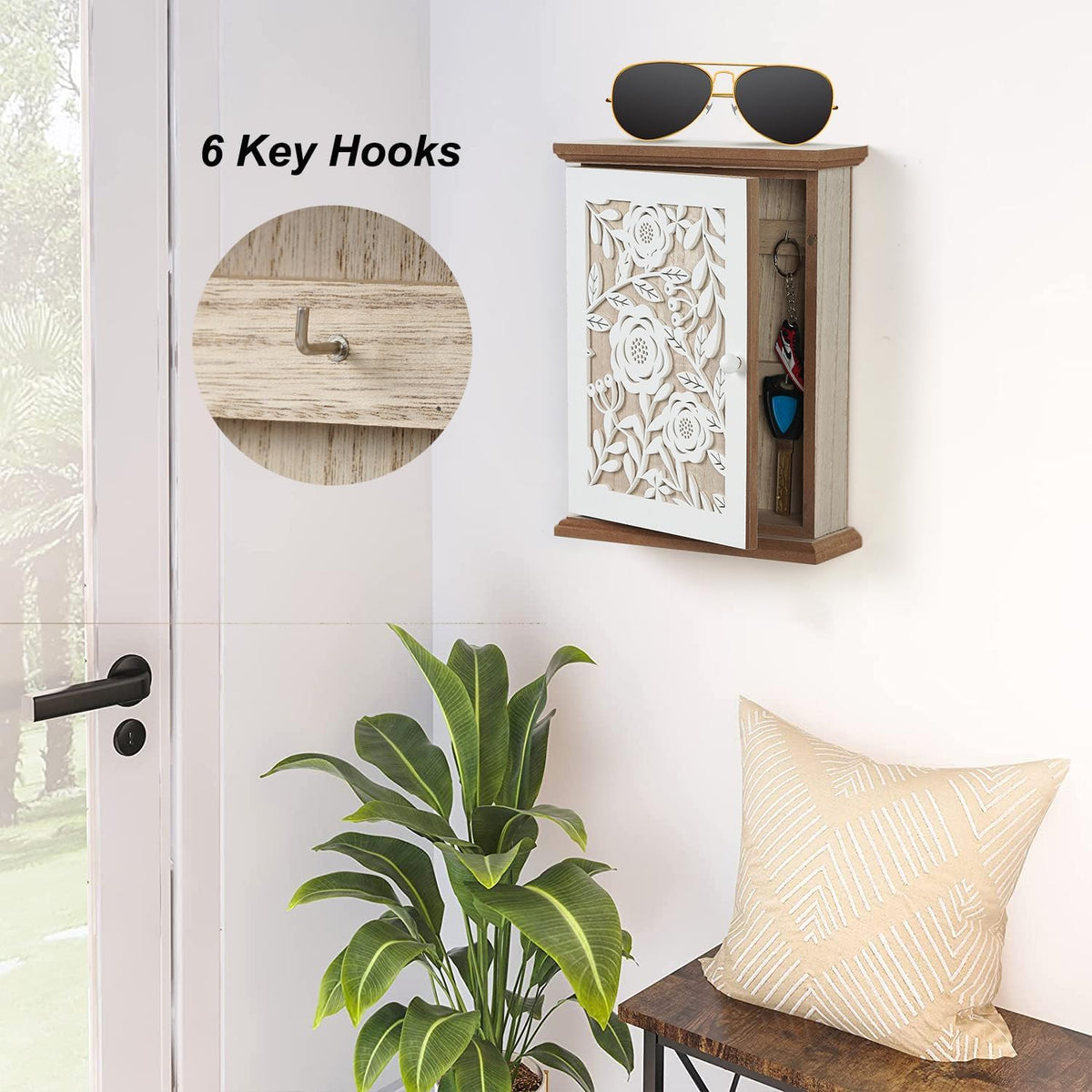 White Wood Key Holder with 6 Key Hook B196