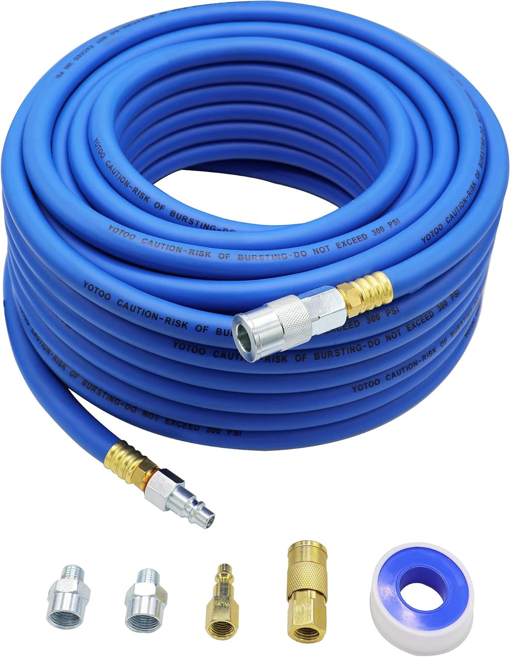 Hybrid Air Hose 1/2-Inch I.D. by 100-Feet Long Solid Brass Fittings 300 PSI Heavy Duty Lightweight Kink Resistant with 3/8" and 1/4" Industrial Quick Coupler Connectors Blue Y614185