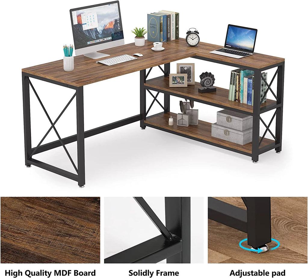 Reversible Industrial L-Shaped Desk with Storage Shelves, Corner Computer Desk (Brown, 59") M411