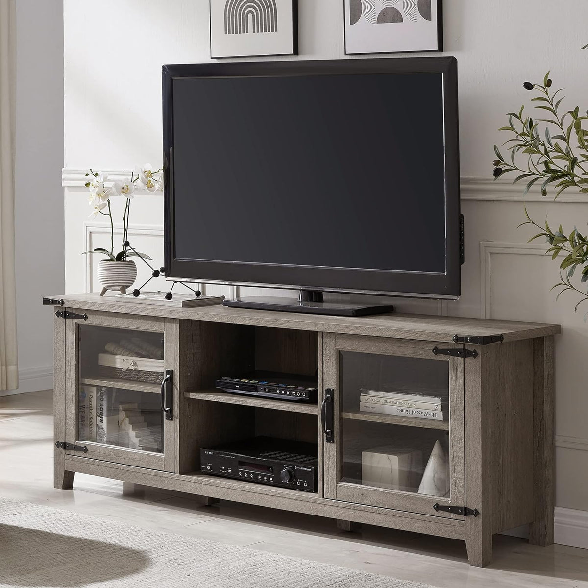 Light Rustic Oak TV Stand with Glass Storage Cabinets V625055