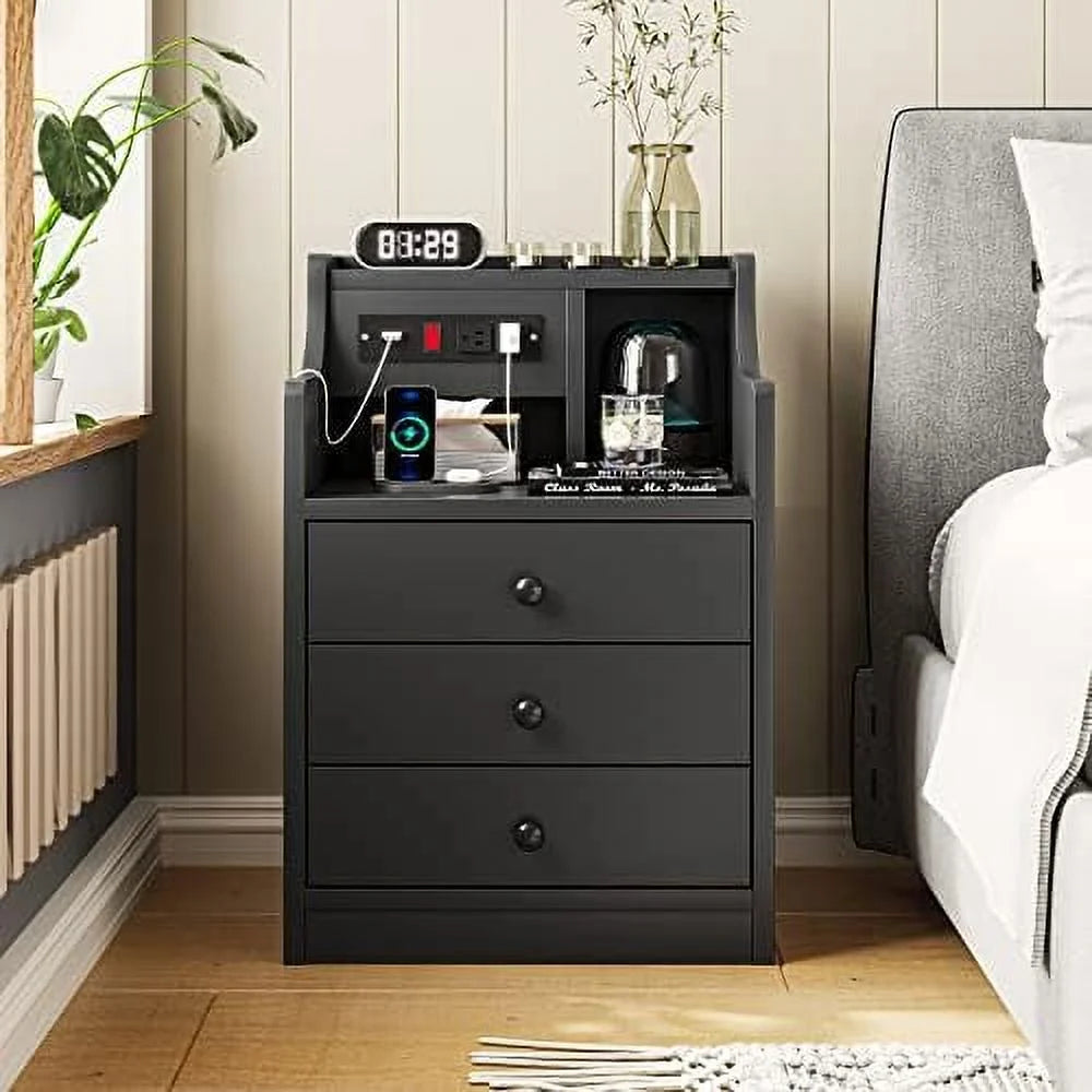 Black 3 Drawer Wood Nightstand with Charging Station L887825