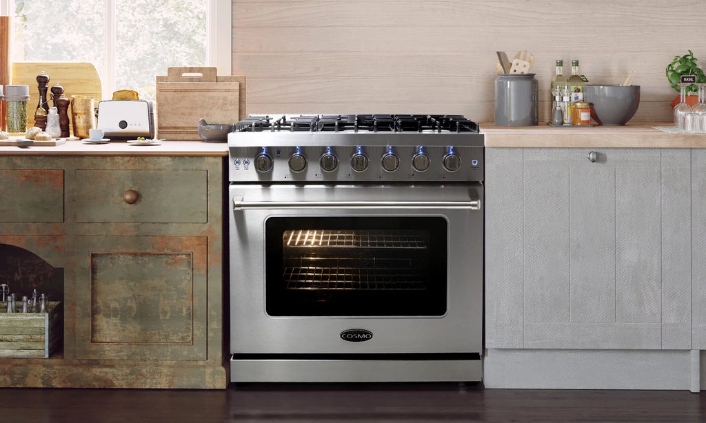 3 Piece Kitchen Appliance Package with Gas Range Range Hood and Wine Refrigerator T75654