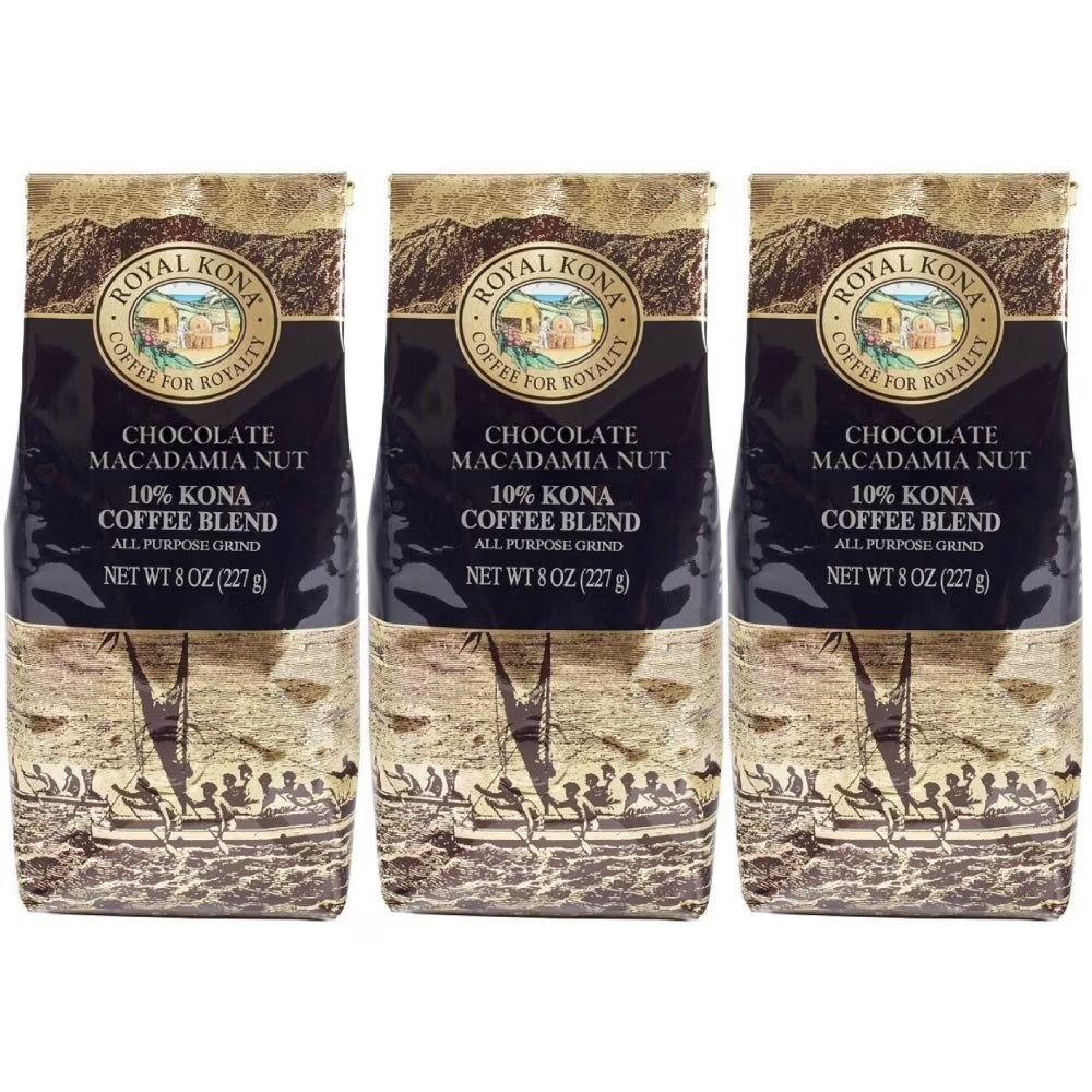 10% Kona Blend Chocolate Macadamia Coffee, 8 Ounce Bag (Pack of Three) Q6315