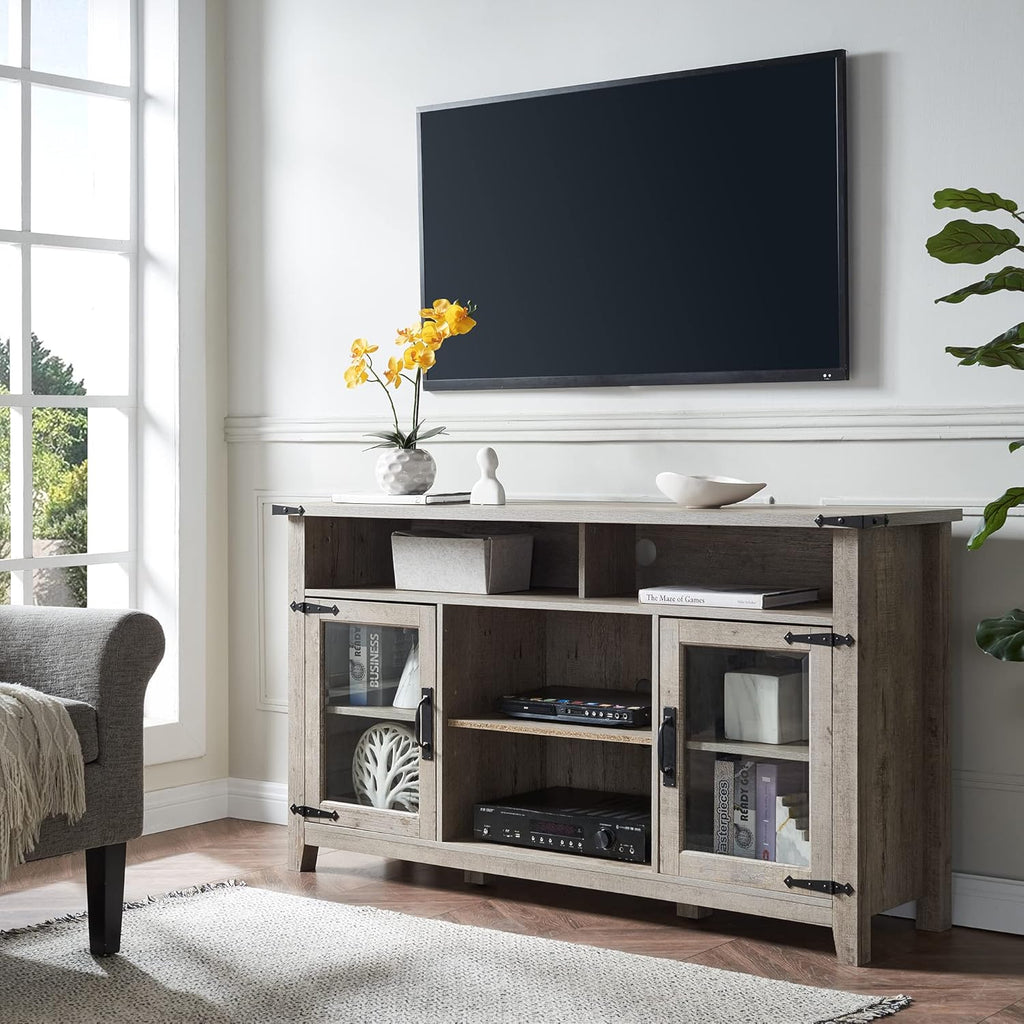 Light Rustic Oak TV Stand with Glass Storage Cabinets V625055