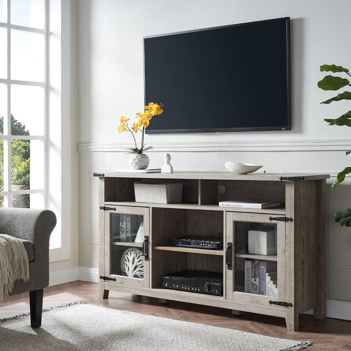 Light Rustic Oak TV Stand with Glass Storage Cabinets V625055