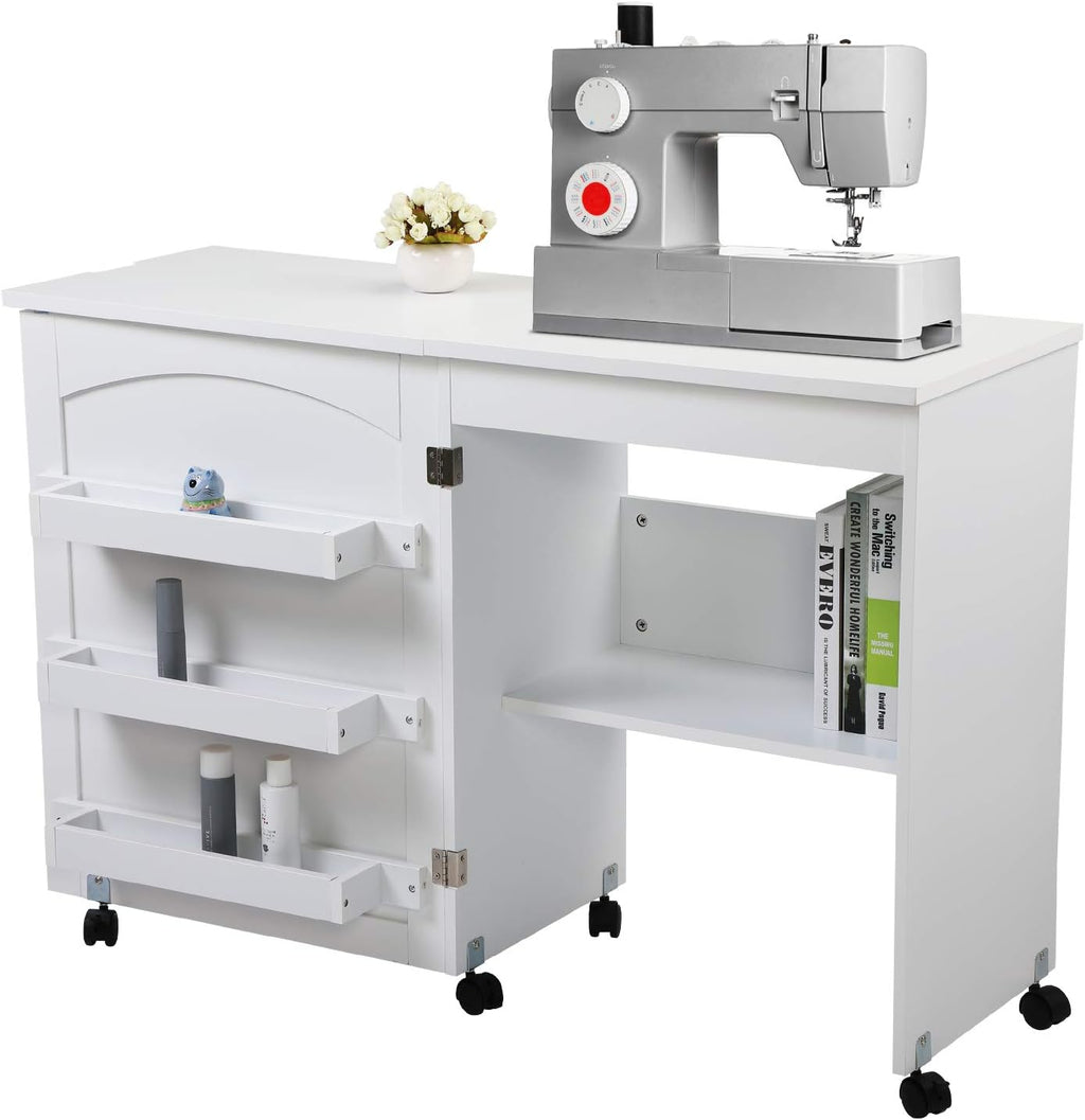 White Foldable Sewing Table with Storage T5977