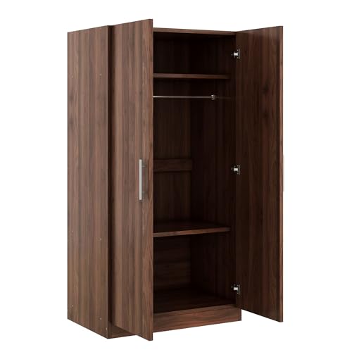 Brown Wooden Armoire Closet with 3-Shelves and Hanging Rail H7871