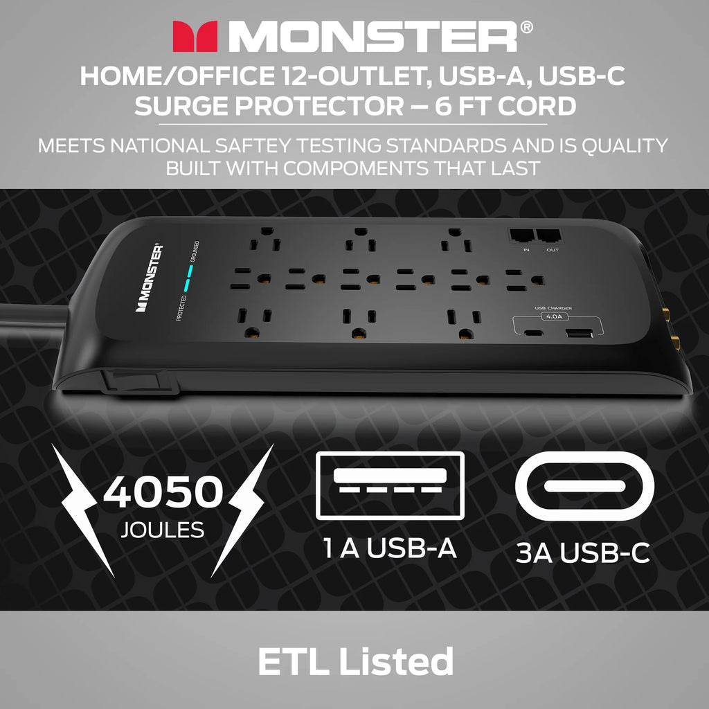 Black Power Strip and Tower Surge Protector with 4050 Joule Rating C739204