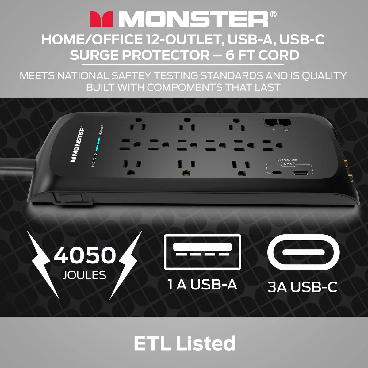 Black Power Strip and Tower Surge Protector with 4050 Joule Rating C739204