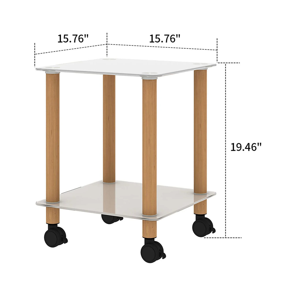 2-Tier Square Side Table Set of 2 with Glass Shelves and Wheels A3192