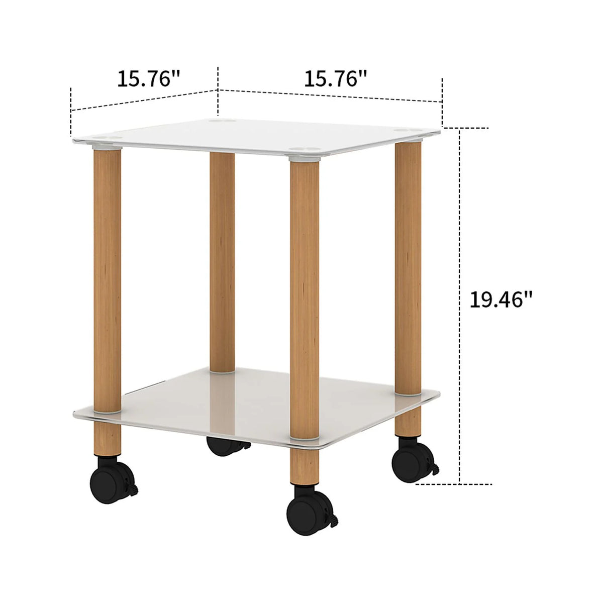 2-Tier Square Side Table Set of 2 with Glass Shelves and Wheels A3192