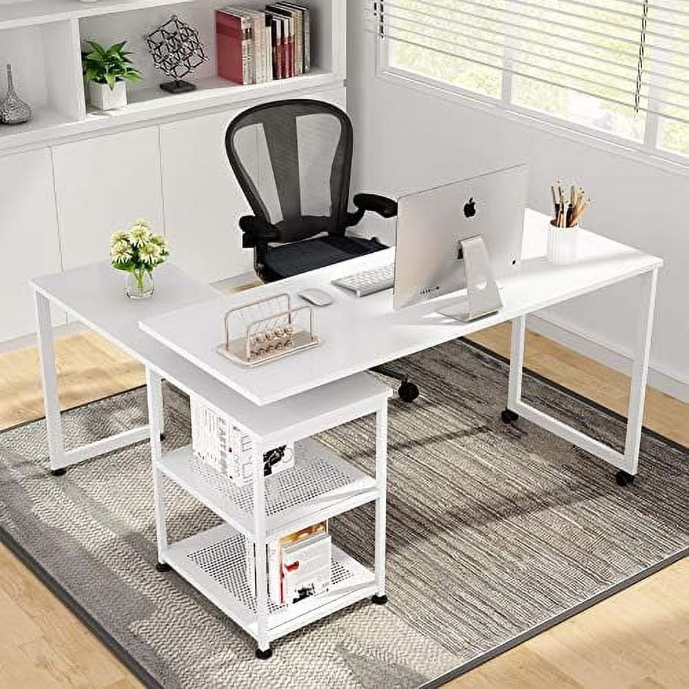 L-Shaped Desk 55 inch Reversible Corner Computer Desk with Shelves White A71229