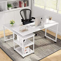L-Shaped Desk 55 inch Reversible Corner Computer Desk with Shelves White A71229