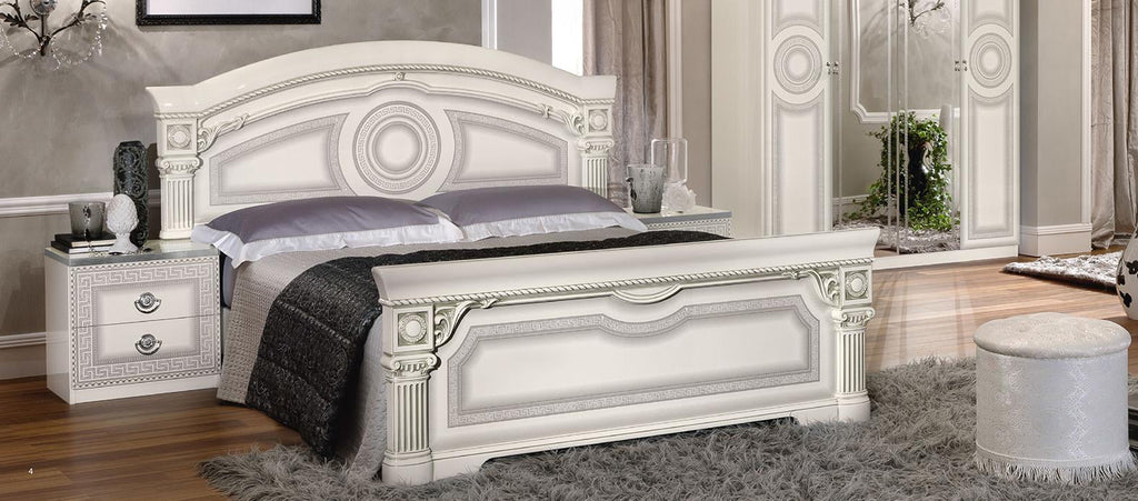 Glossy White Silver Finish King Platform Bedroom Set 3Pcs J312111