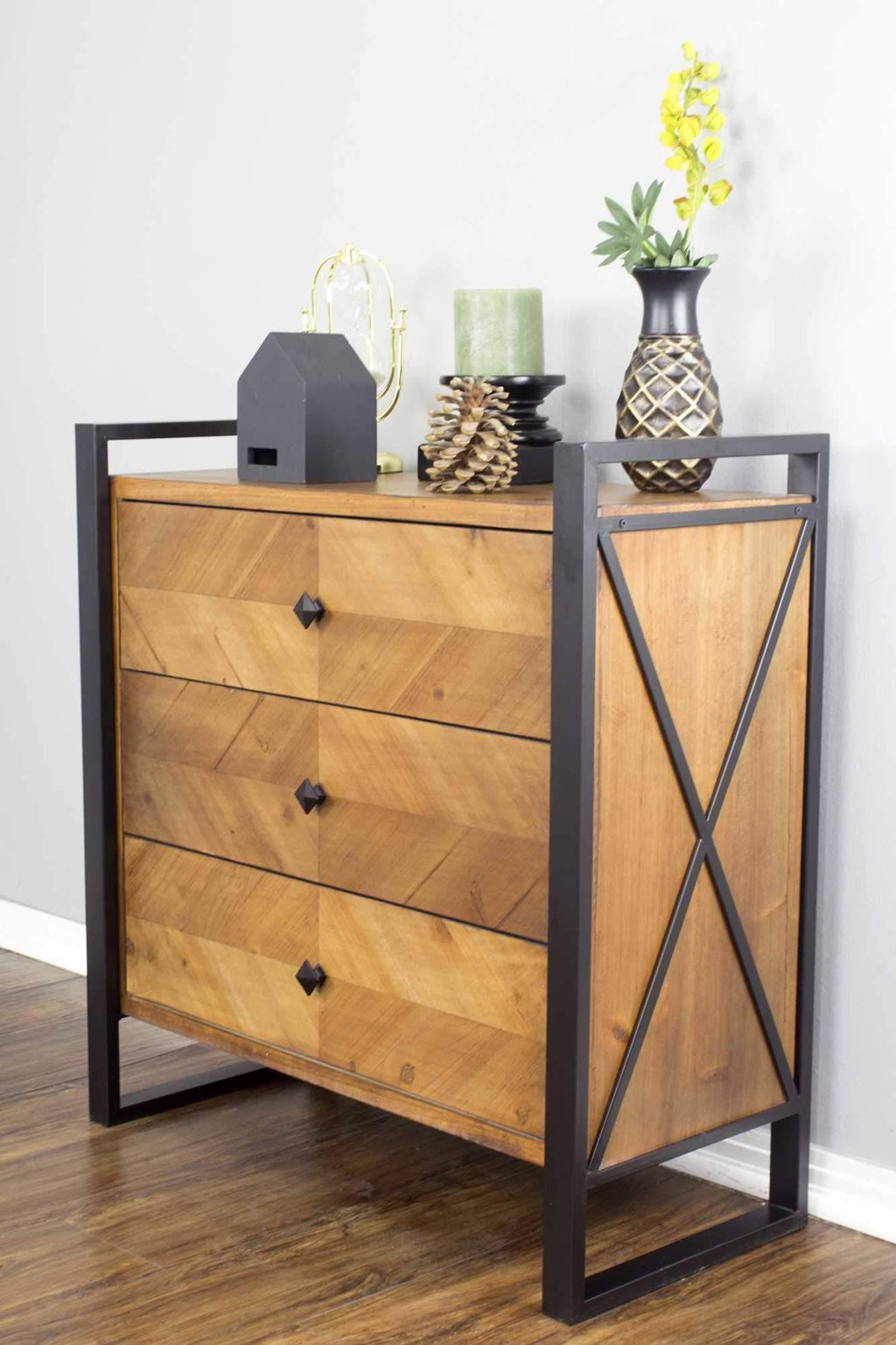 Natural and Turquoise Metal Wood MDF Accent Cabinet with 3 Drawers X64456