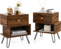 Walnut Nightstands Set of 2 with Storage Drawer and Metal Legs A510694