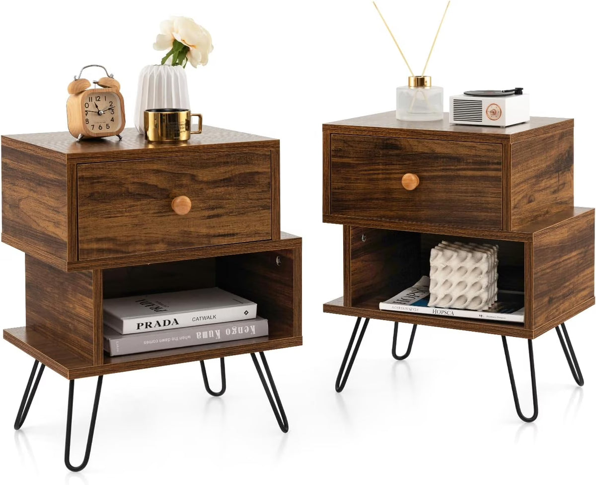 Walnut Nightstands Set of 2 with Storage Drawer and Metal Legs A510694
