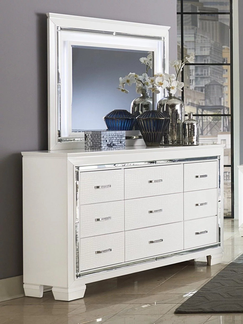 White 4pc Eastern King Bedroom Set with LED Headboard Nightstand Dresser Mirror P144338