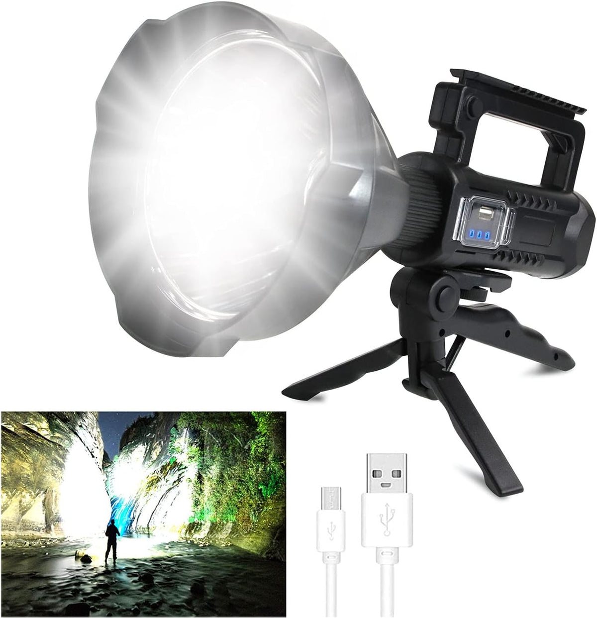 Rechargeable LED Spotlight Flashlights 90000 Lumens XHP90.2 Super Bright Searchlight with 4 Modes IPX5 Waterproof Large Flashlight with Tripod B21397
