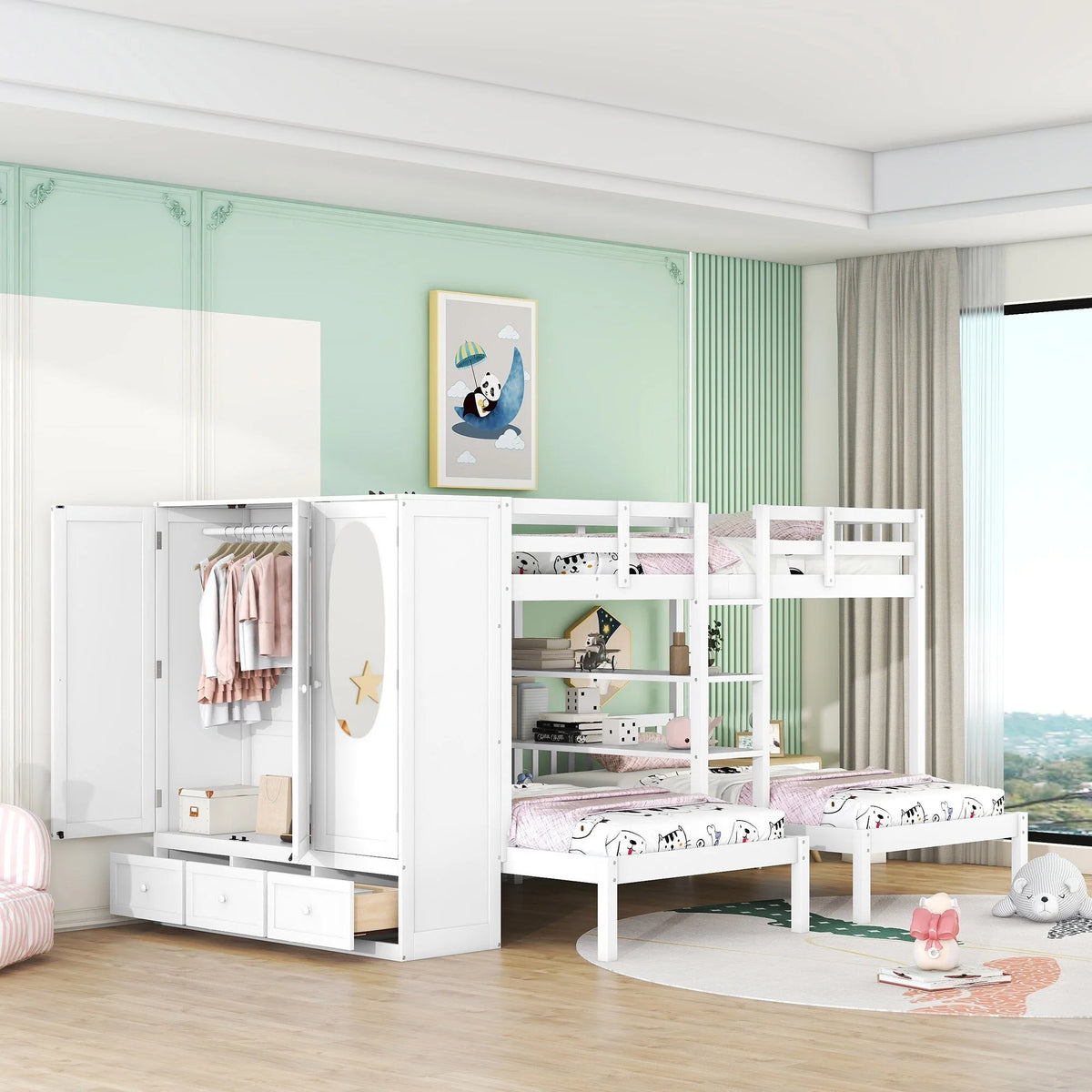 White Full-Over-Twin-Twin Bunk Bed with Shelves, Wardrobe, Mirror, and Storage V236