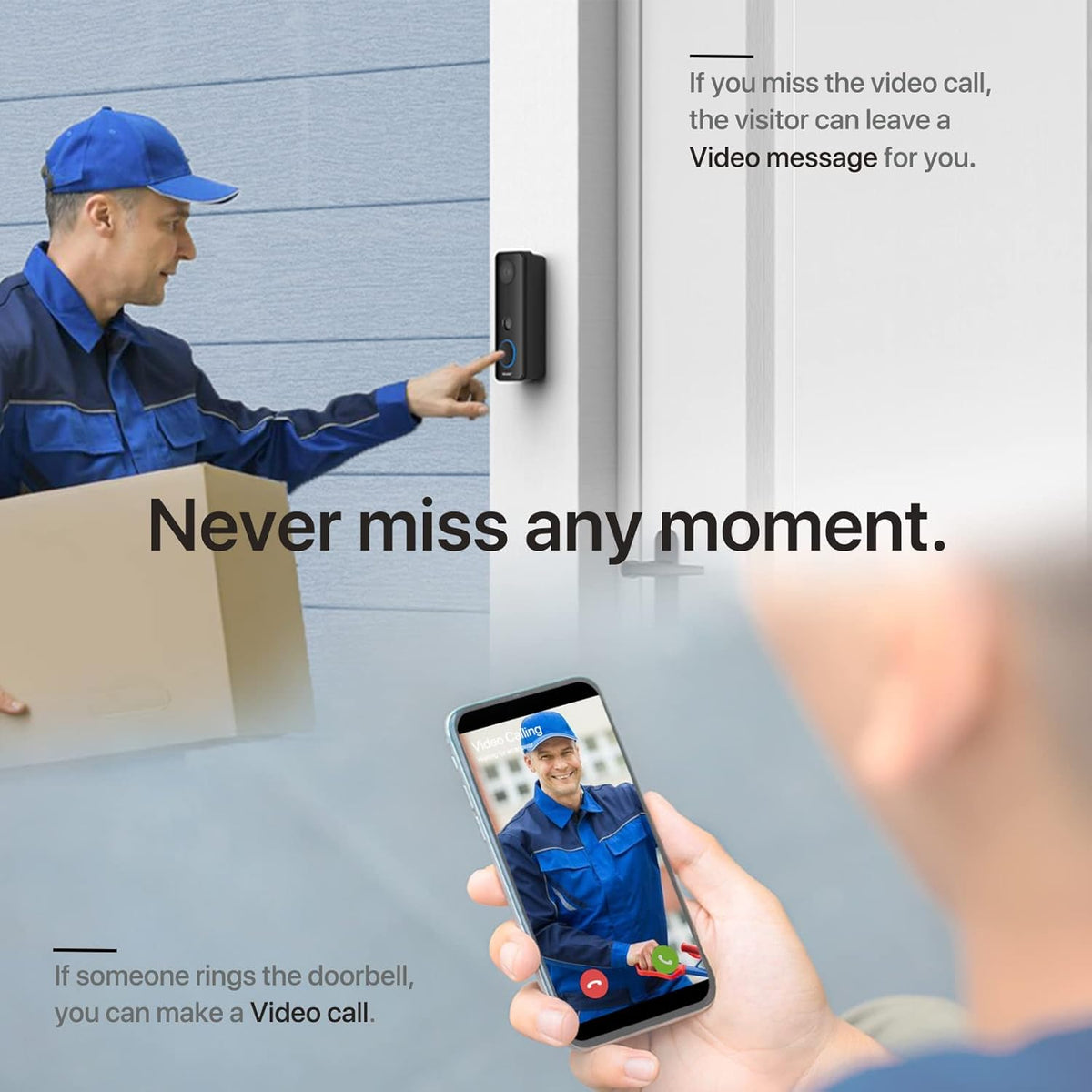 Black Video Doorbell Camera with Chime, 1080P Wireless WiFi, IP66 Waterproof, Two-Way Audio J4629