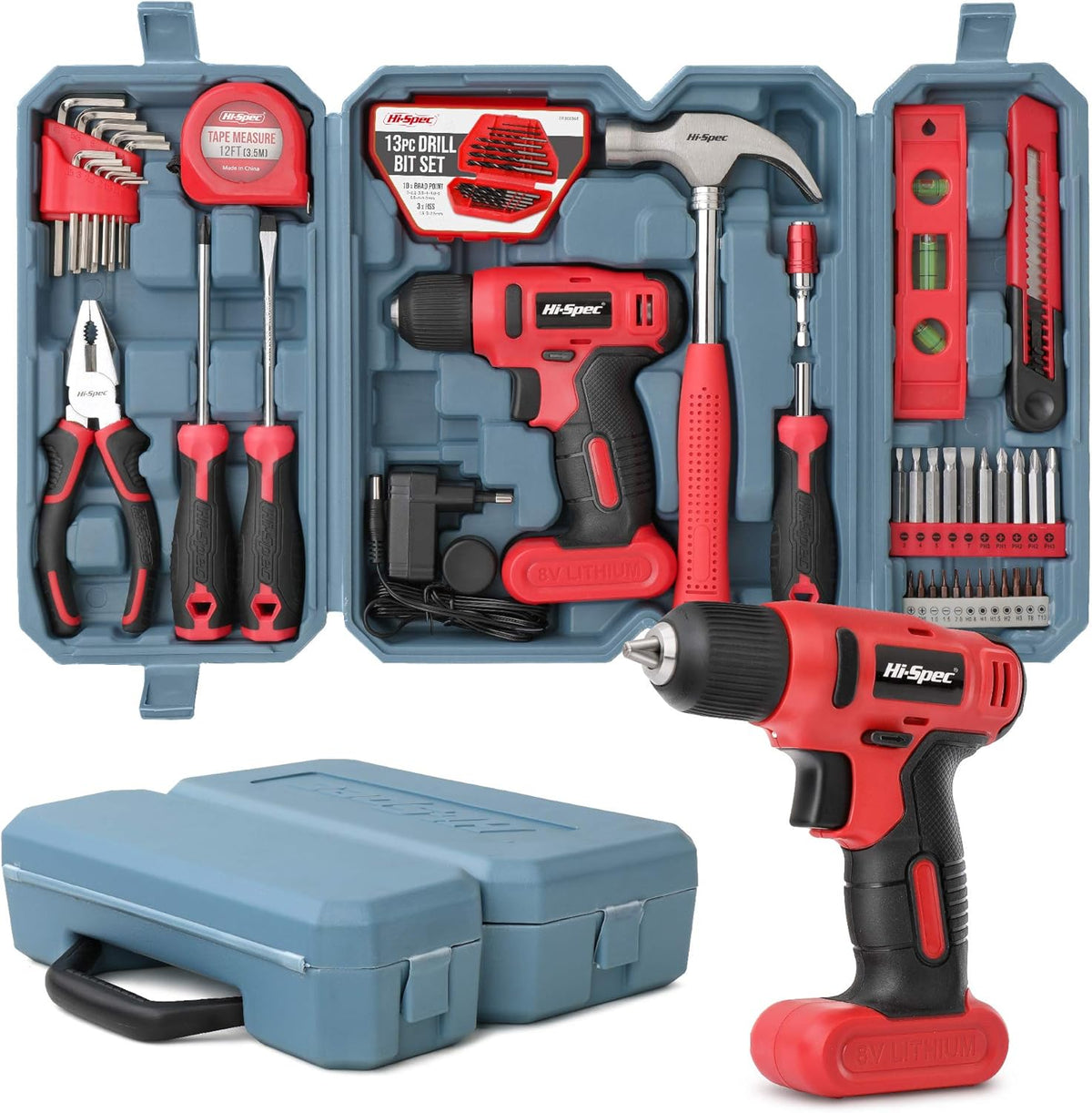 58 Piece Red 8V Power Drill Screwdriver & Household DIY Tool Kit U678