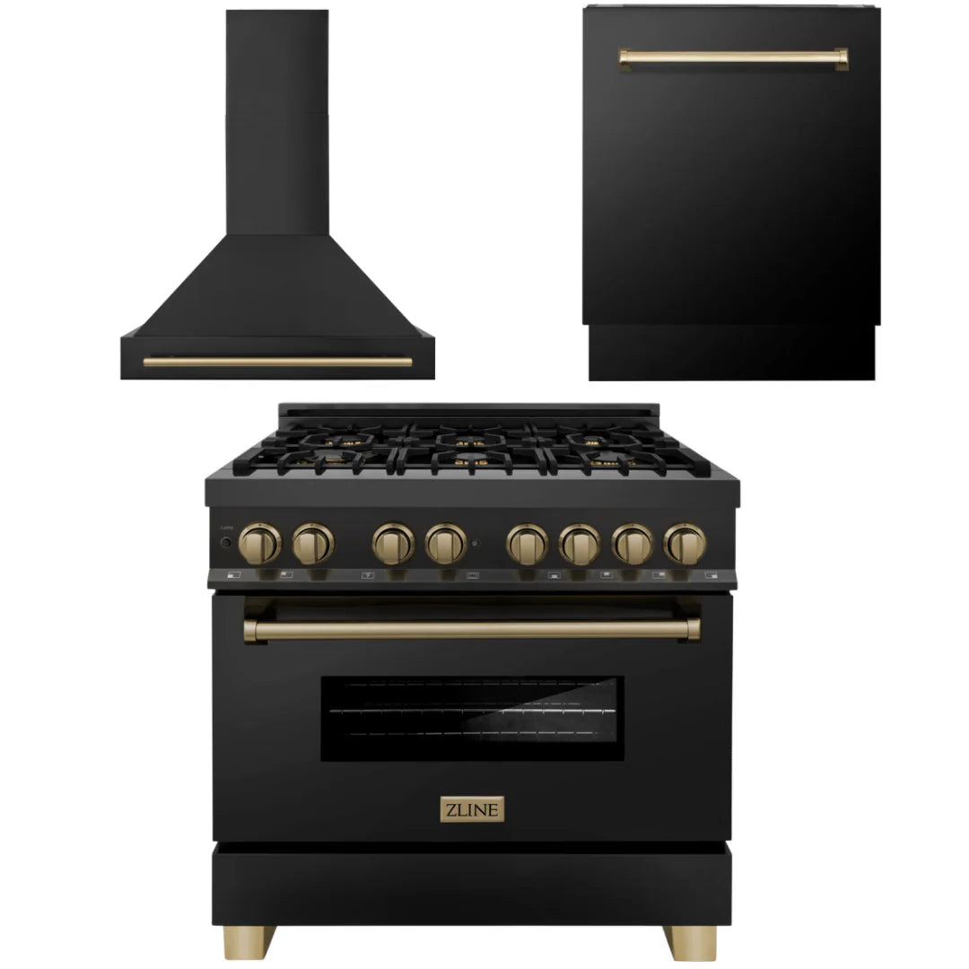 36 In. Dual Fuel Range, Range Hood, Dishwasher in Black Stainless Steel T882