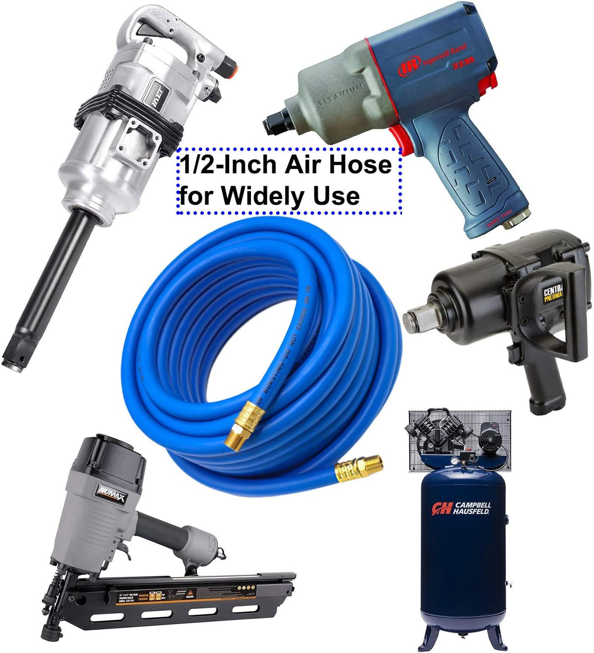 Hybrid Air Hose 1/2-Inch I.D. by 100-Feet Long Solid Brass Fittings 300 PSI Heavy Duty Lightweight Kink Resistant with 3/8" and 1/4" Industrial Quick Coupler Connectors Blue Y614185