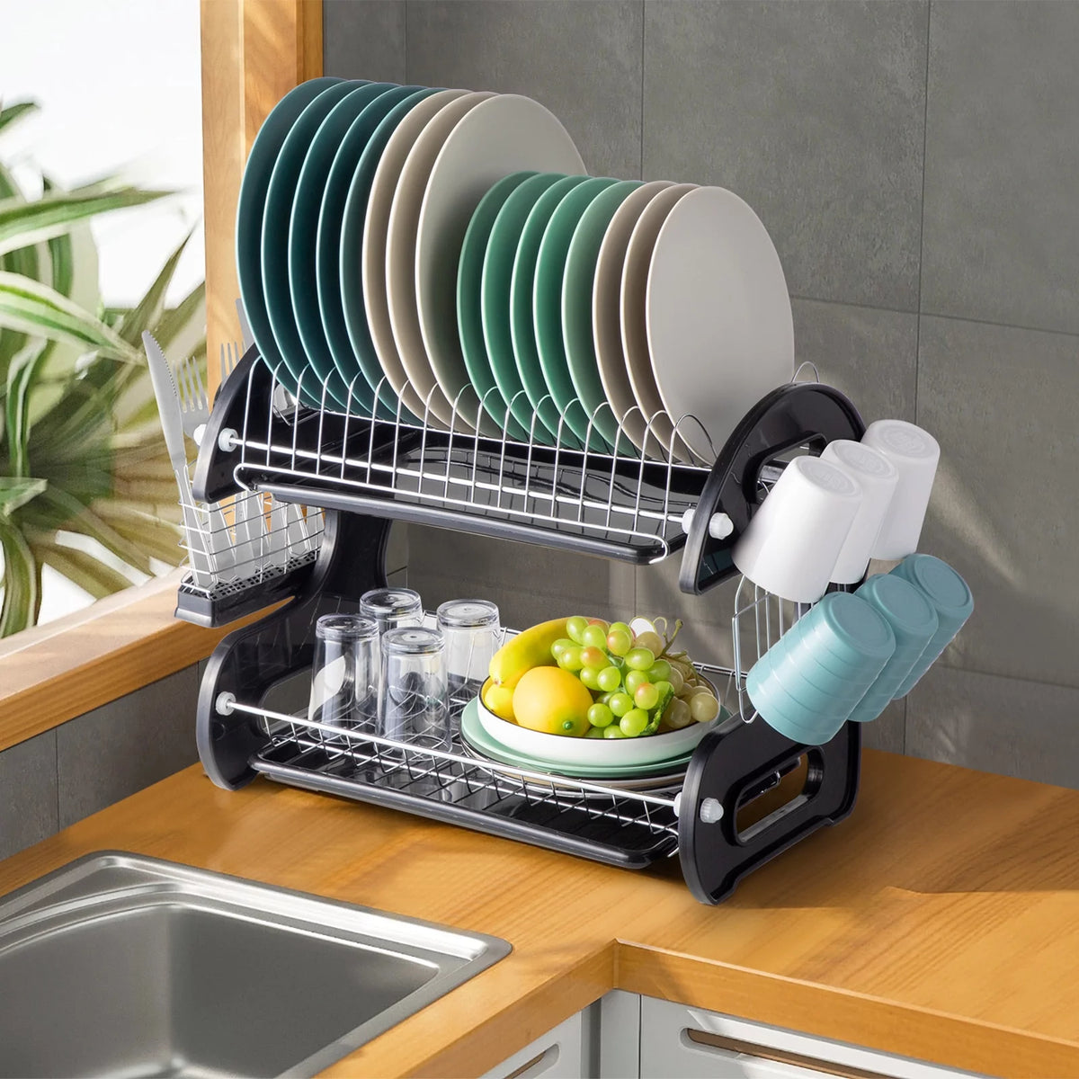 Black 2-Tier Plastic Dish Drainer C380072