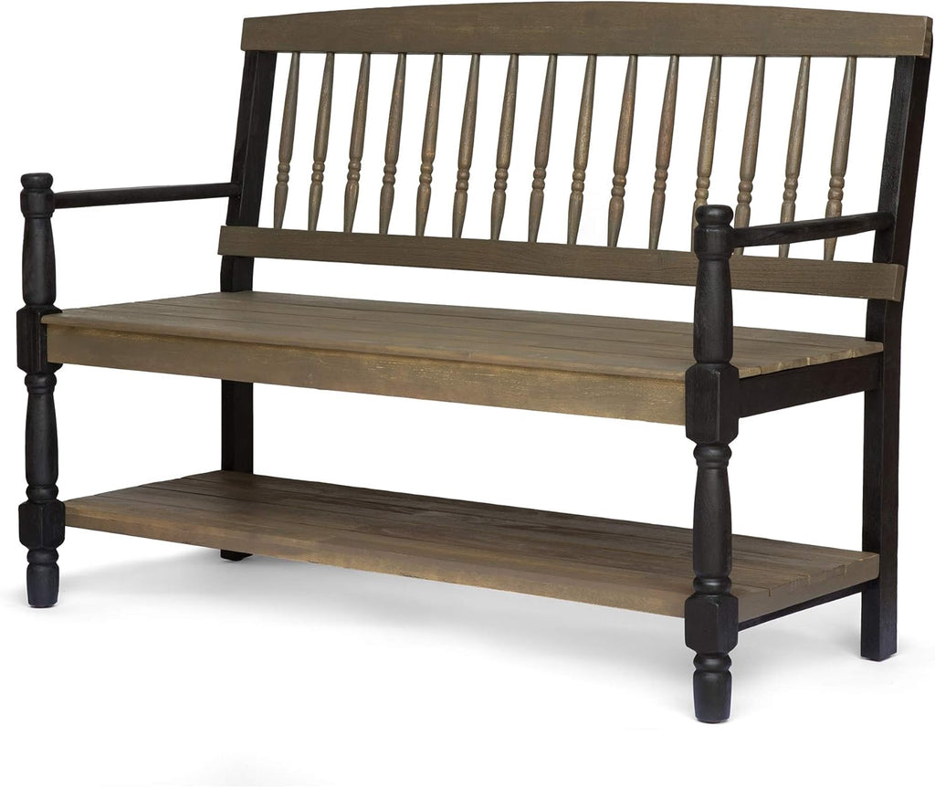 Gray and Black Acacia Wood Bench with Shelf K8383
