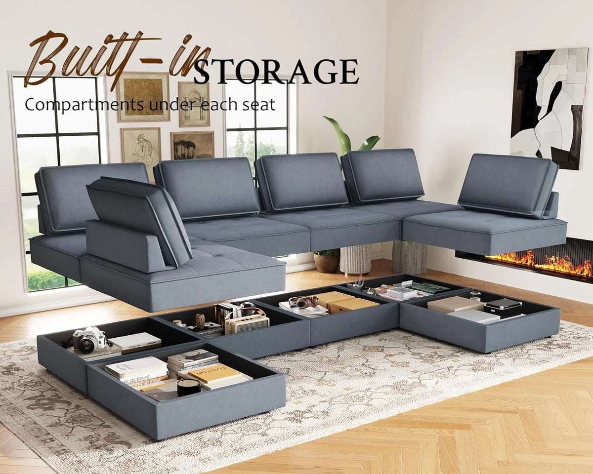 7 Seater Velvet Beige Sectional Sofa H1199