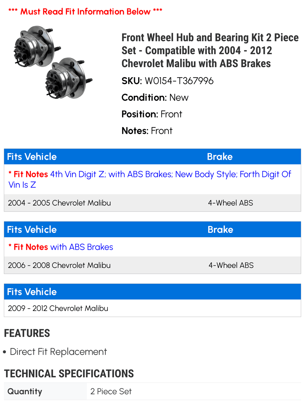 Front Wheel Hub and Bearing Kit 2 Piece Set with ABS Brakes M289401