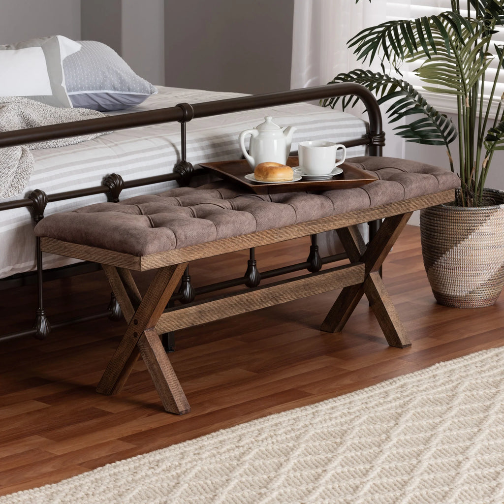 Chocolate Velvet Fabric and Dark Brown Finished Wood Bench A339