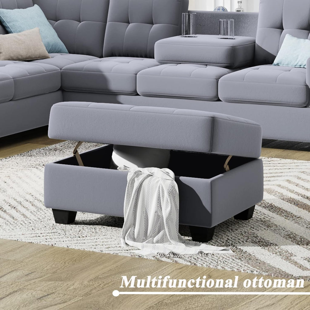 Linen Upholstered L Shaped Sofa Set with Ottoman Storage, Light Gray U482654