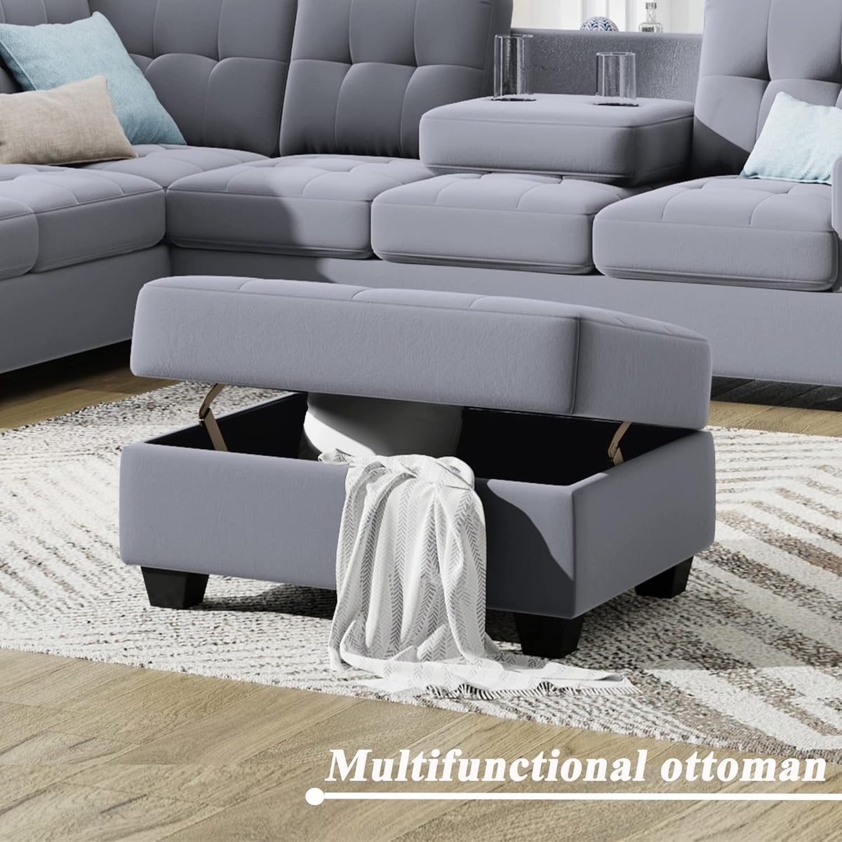 Linen Upholstered L Shaped Sofa Set with Ottoman Storage, Light Gray U482654