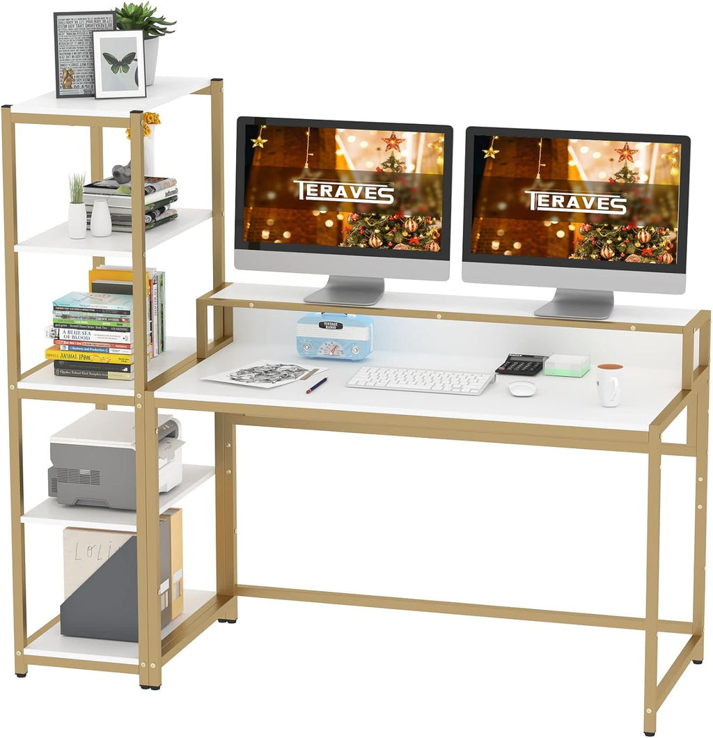 47 Inch Reversible Computer Desk with 5 Tier Shelves and Storage P6539