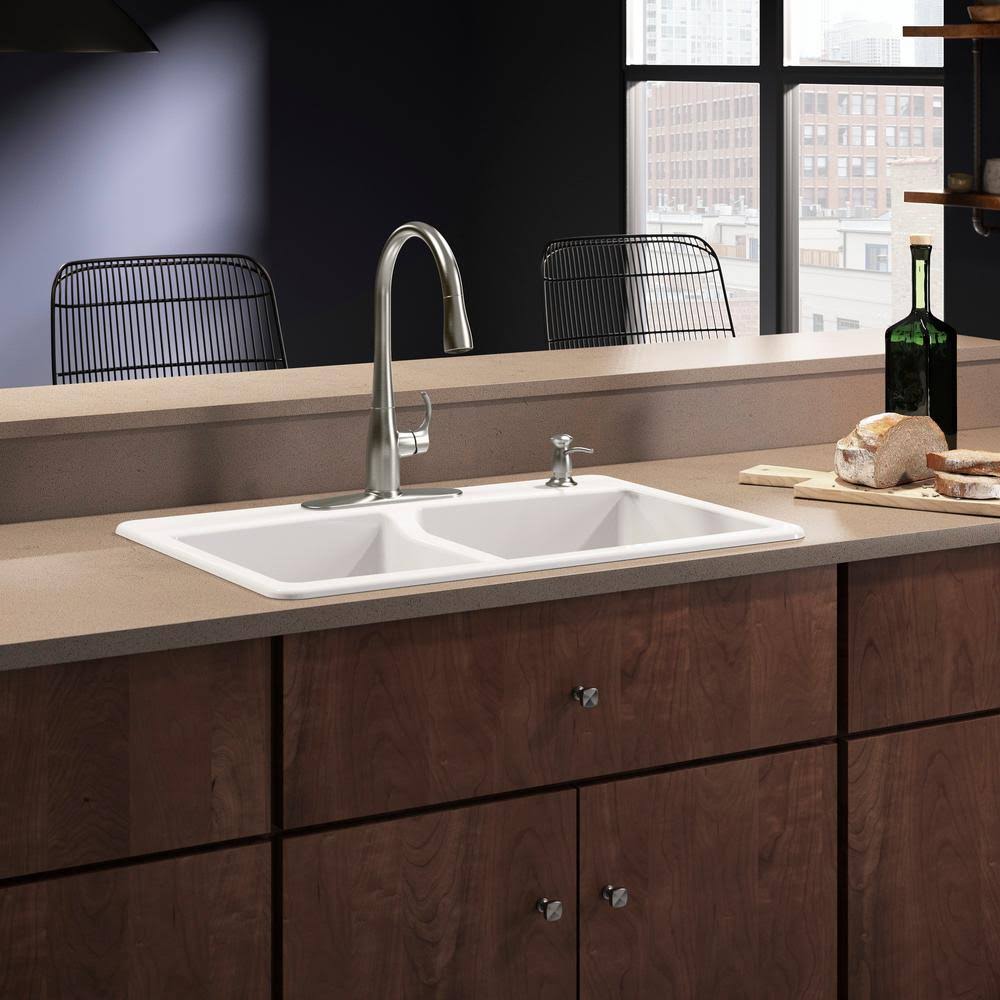 Cast-Iron Double Bowl Kitchen Sink with Faucet in White P333989