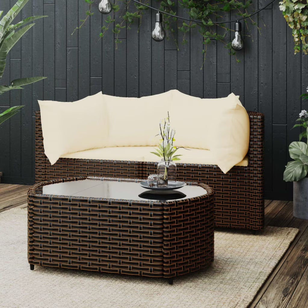 3 Piece Rattan Outdoor Patio Furniture Set with Glass Top Coffee Table K25561