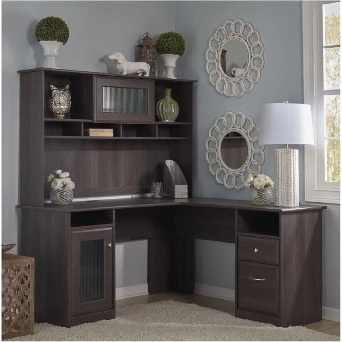 L-Shape Computer Desk with Hutch in Gray C502631