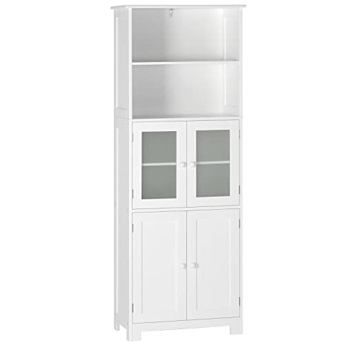 White Tall Bathroom Storage Cabinet with 2 Open Compartments and 2 Cabinets with Doors G743850