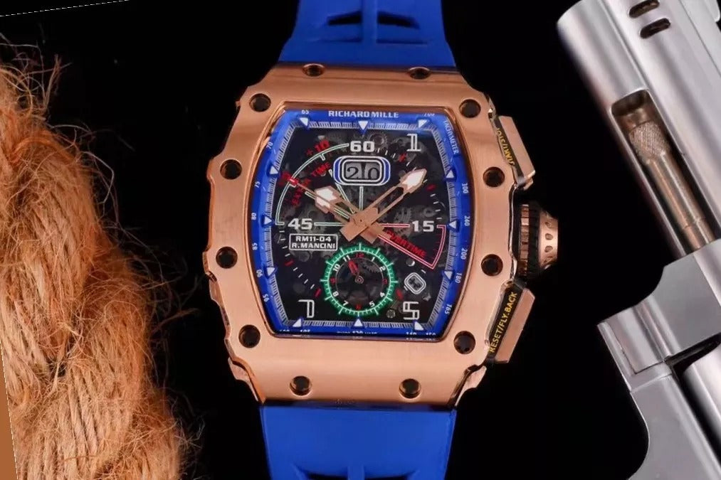 Blue Dial Rose Gold Bezel Rubber Strap Skeleton Watch X187